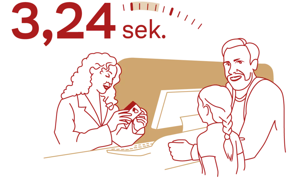 Scena koja prikazuje ženu za pultom koja komunicira sa roditeljem i detetom. Iznad njih je prikazana oznaka "3,24 sek." koja sugeriše vreme ili brzinu interakcije.